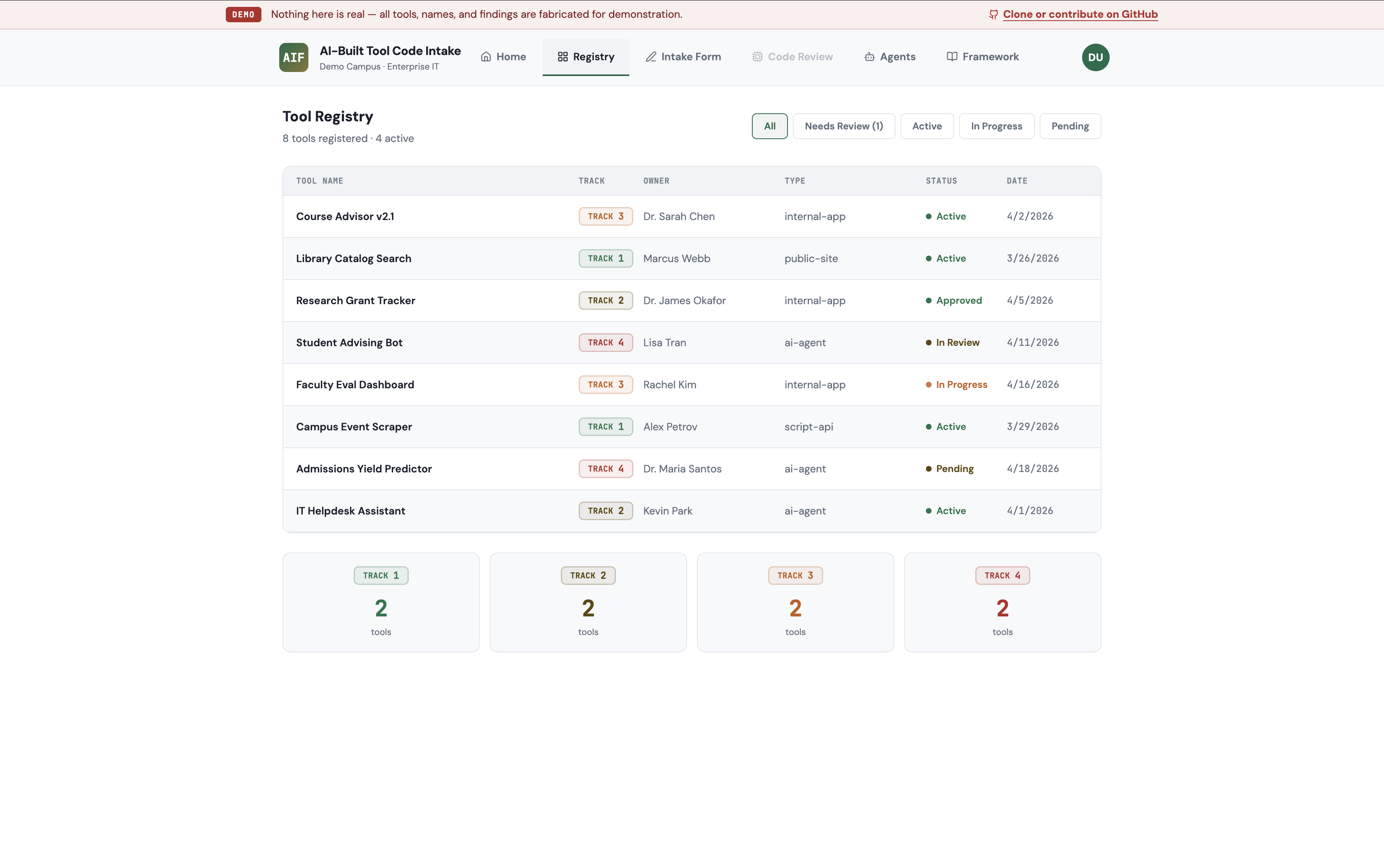 tool registry — tracks, status, assigned agents