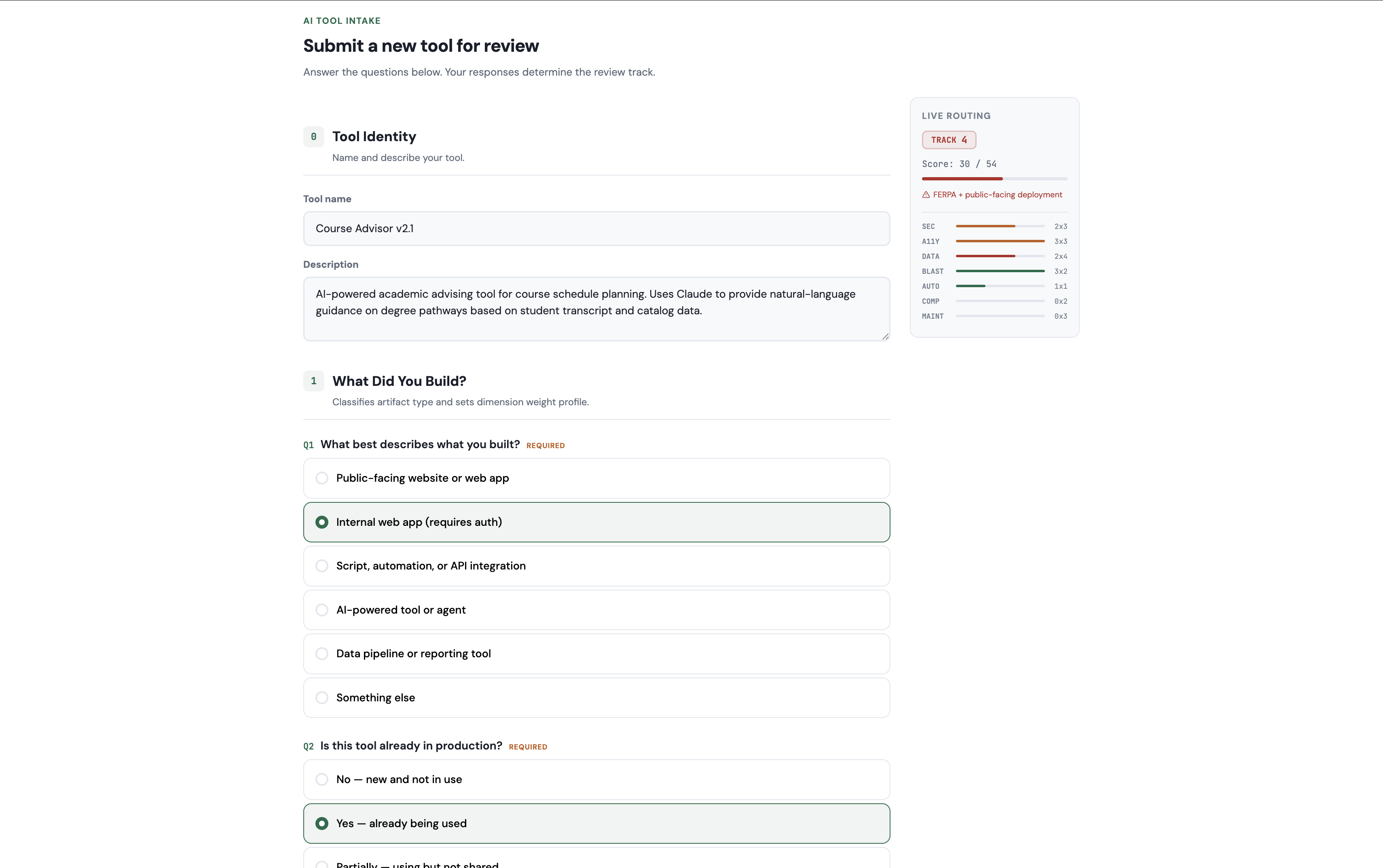 intake — 21 questions, live-scored on the right