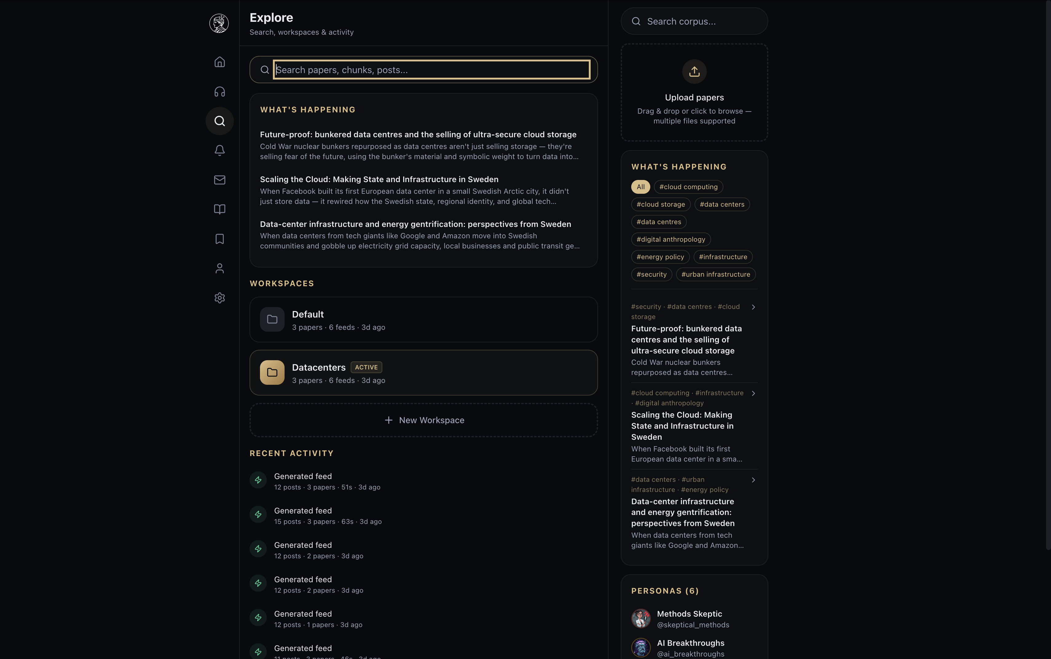 explore — workspaces, recent activity, corpus search